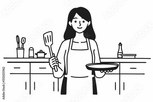 Young housewife with a frying pan and wooden spatula in her hands