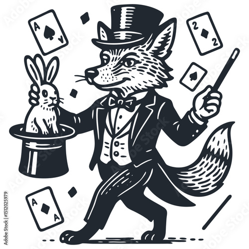 Charming fox magician in tuxedo & top hat pulls rabbit from hat. Magic wand, playing cards. Vintage engraving vector. Illusion, performance. Monochrome.