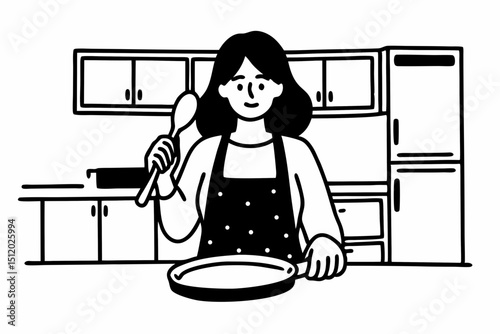 Young housewife with a frying pan and wooden spatula in her hands