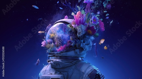 Surreal astronaut helmet filled with flowers and underwater life in a deep blue space setting