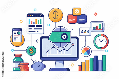 
Business person interacting with a futuristic digital marketing interface, showcasing online advertising analytics, data charts, email marketing, and campaign performance metrics on a virtual screen.