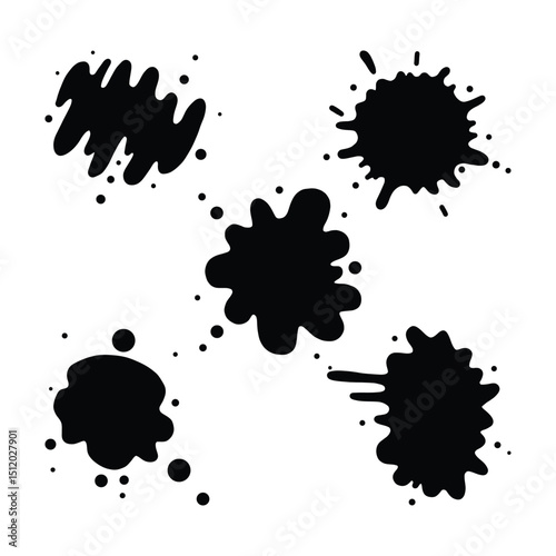 Black Ink Splatter Vector Set, Paint Drops and Grunge Blot Elements.