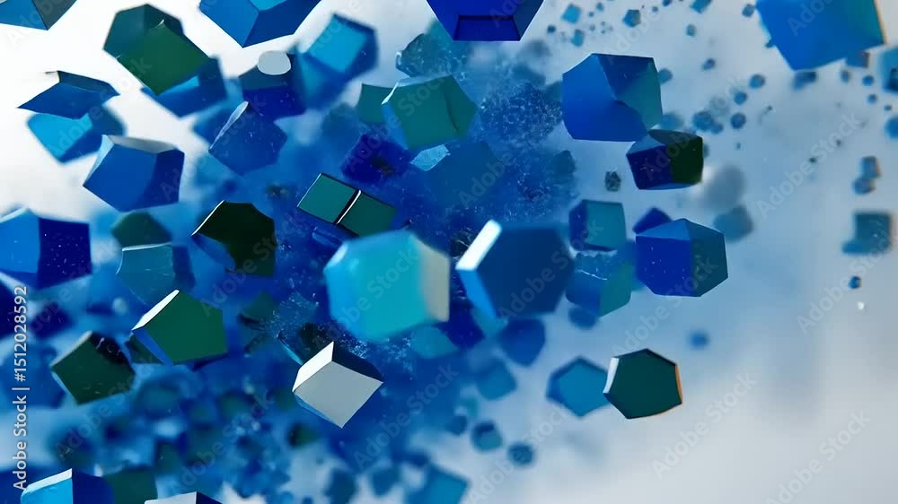 Abstract composition of blue geometric shapes dynamically dispersing in a bright background