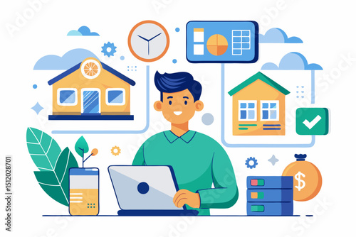 Futuristic graphics including upward arrows, a house icon, and percentage symbols represent credit score growth, mortgage rates,