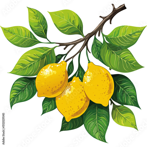 Lemons on a branch vector illustration flat. Image of a branch with yellow citrus fruits and leaves. For packaging and design.	