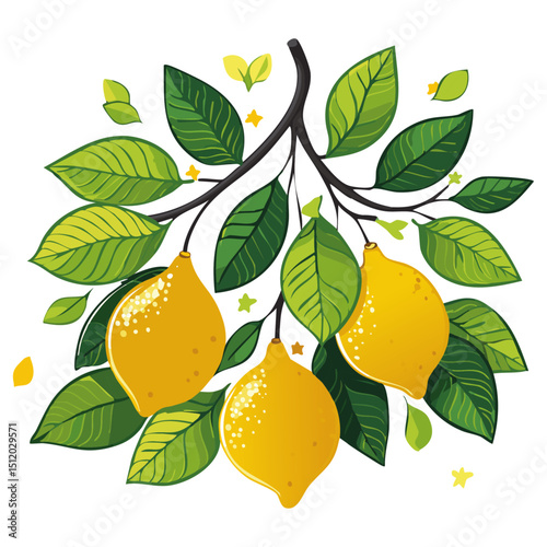 Lemons on a branch vector illustration flat. Image of a branch with yellow citrus fruits and leaves. For packaging and design.	