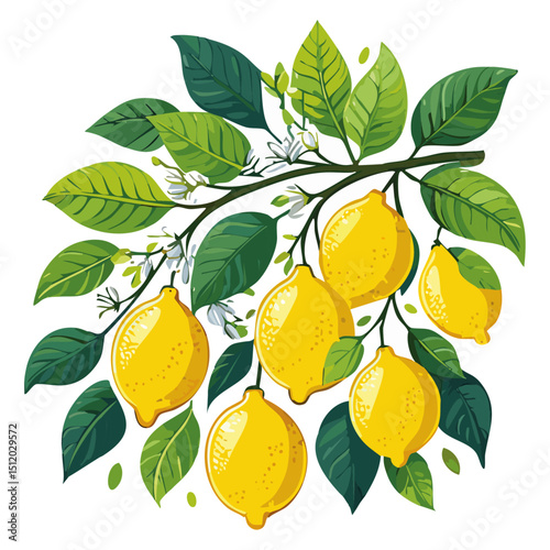 Lemons on a branch vector illustration flat. Image of a branch with yellow citrus fruits and leaves. For packaging and design.	