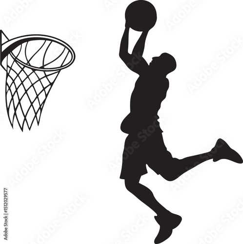 silhouette of a basketball player performing a one-handed slam dunk in mid-air with the ball about to enter the hoop, representing strength, skill, and high athleticism