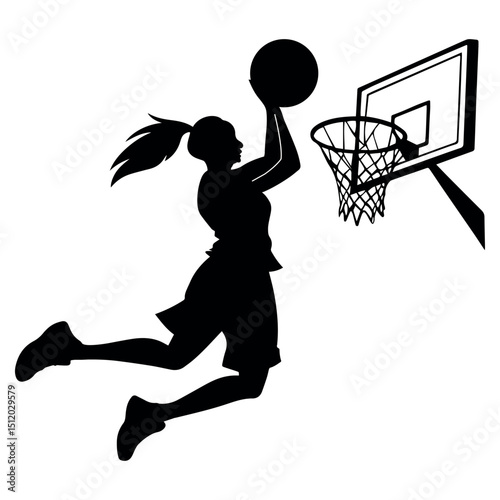 silhouette of a female basketball player jumping mid-air while dunking a ball into the hoop with dynamic movement and hair in motion