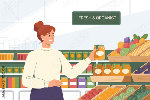 woman buying natural products in modern organic grocery supermarket, flat vector illustration