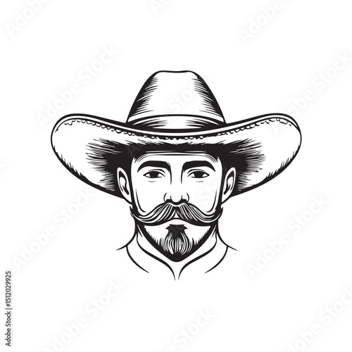 Vector illustration of a charming cowboy man wearing a hat and smiling confidently. Suitable for Western-themed designs, character illustrations, posters, and branding materials