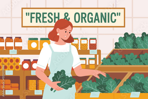 woman buying natural products in modern organic grocery supermarket, flat vector illustration