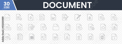 Document Icon Set in Minimalist Black Line Art Featuring Various File Types, Actions, and Symbols Including Code, Graphs, Locks, Clocks, Shields