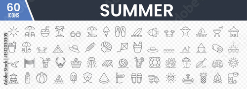 Summer Icon Set Minimalist Black Line Art Including Sun, Beach Chairs, Tropical Drinks, Palm Trees, Ice Cream, Flip-Flops, Sailboats, Hammocks, and More for Seasonal Designs and Projects