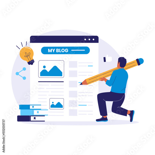 Blogging Illustration of Man Writing Blog Content with Pencil. Illustrations for websites, landing pages, mobile apps, posters and banners
