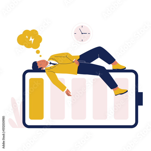 Burnout Illustration of Tired Businessman Lying on Low Battery Icon. Illustrations for websites, landing pages, mobile apps, posters and banners