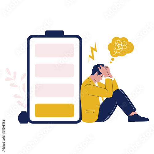 Burnout Illustration of Stressed Man Sitting with Low Battery. Illustrations for websites, landing pages, mobile apps, posters and banners