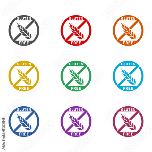 Gluten free label icon isolated on white background. Set icons colorful