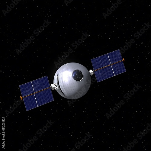 A futuristic spacecraft with solar panels floating in deep space