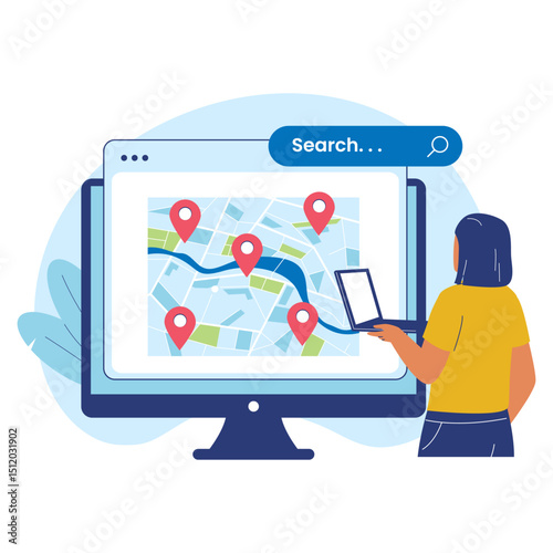 Local SEO with Computer Map and Location Pins Illustration. Illustrations for websites, landing pages, mobile apps, posters and banners