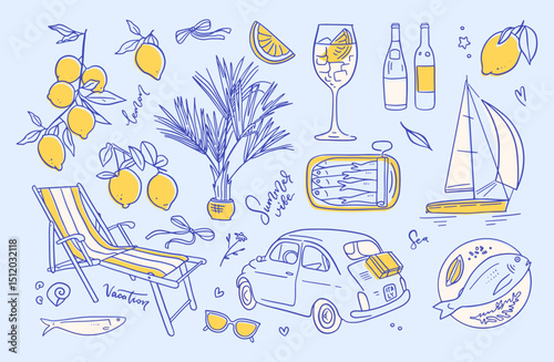 Italian amalfi summer vacation elements set with lemons in doodle style . Vector linear ink hand drawn Italy coast sea or beach stuff. Sea weekend collection for beach party, picnic.