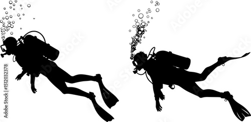 Scuba Diver Silhouettes with Bubbles - Underwater Exploration & Adventure Vector