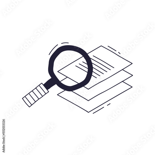 Magnifying glass over layered documents symbolizes detailed analysis and scrutiny.
