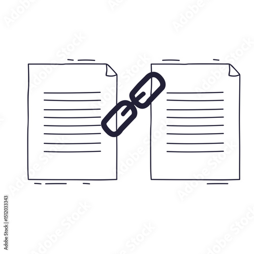 Two documents linked by a chain, symbolizing interconnected information.