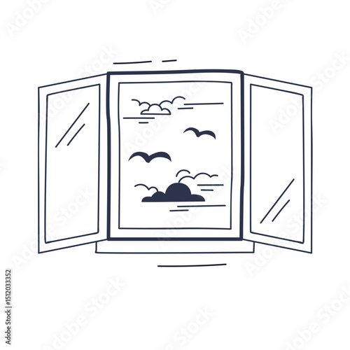 Open window with clouds and birds symbolizes freedom and new opportunities.