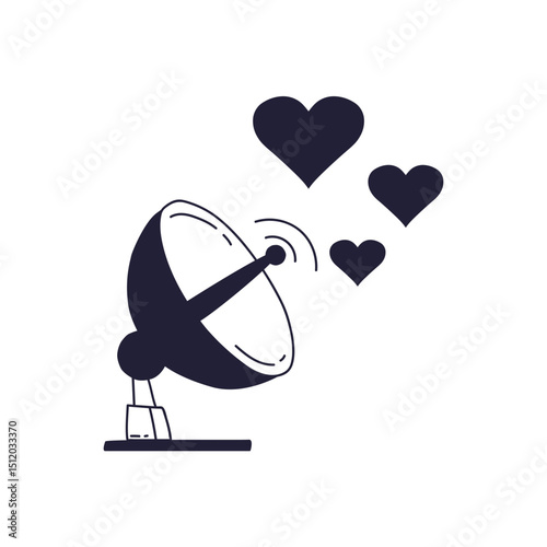 A radar dish emits heart icons, symbolizing communication and affection.