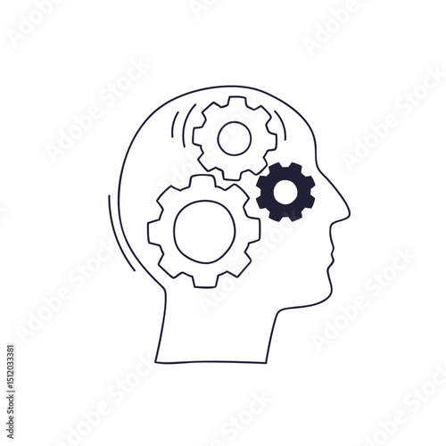 Outline of a head with cogs inside, symbolizing thinking and problem-solving.