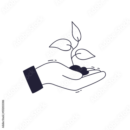 An open hand holding a seedling symbolizes growth and nurturing.