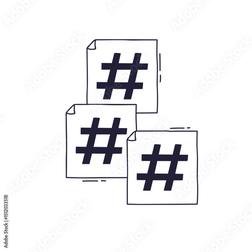 Stacked hashtag cards symbolize social media trends and digital communication.