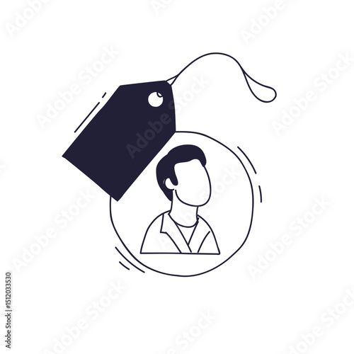 Illustration of a person icon with a price tag, symbolizing identity and value.