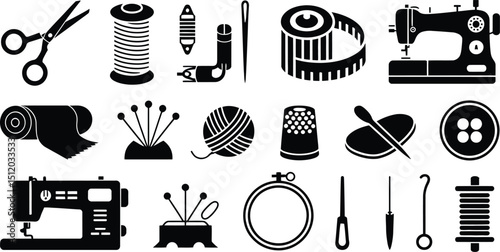 black silhouette vector set of DIY sewing and crafting icons, featuring essential hobby tools and equipment.