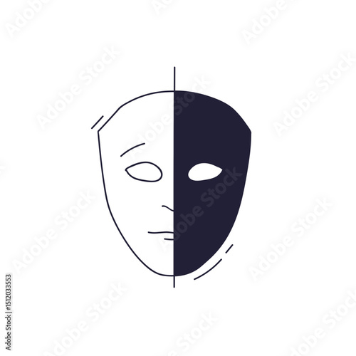 A theatrical mask split into two halves, symbolizing duality and contrast.