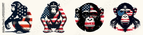 Chimpanzee. 4th of July Independence Day American Flag Patriotism Usa America Clipart Vector Illustration. Intelligent ape explore african primates their behavior habitat conservation.