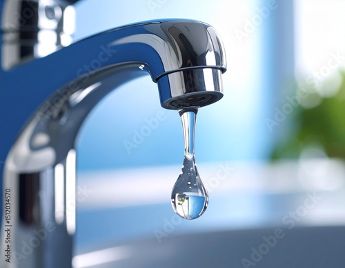 A drop of pure water dripping from the tap. Selective focus. 