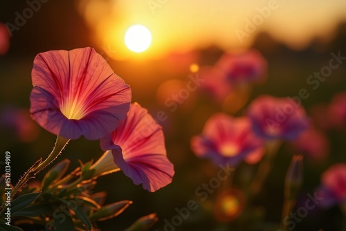 Morning glory blooms in sunrise glow