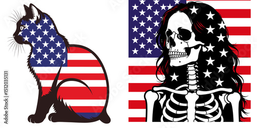 Cat Human skeleton. 4th of July Independence Day American Flag Patriotism Usa America Clipart Vector Illustration. Feline hominid bone structure anatomical artwork for learning osteology.