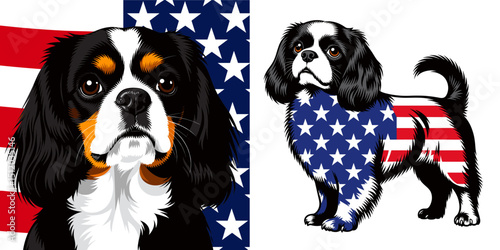 Cavalier King Charles Spaniel Dog (2). 4th of July Independence Day American Flag Patriotism Usa America Clipart Vector Illustration. Toy canine companion two adorable breed gentle family.
