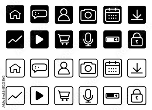 Essential UI Vector Line and fill Icons – Home, Search, User, Settings, Menu, Chat, Camera, Calendar