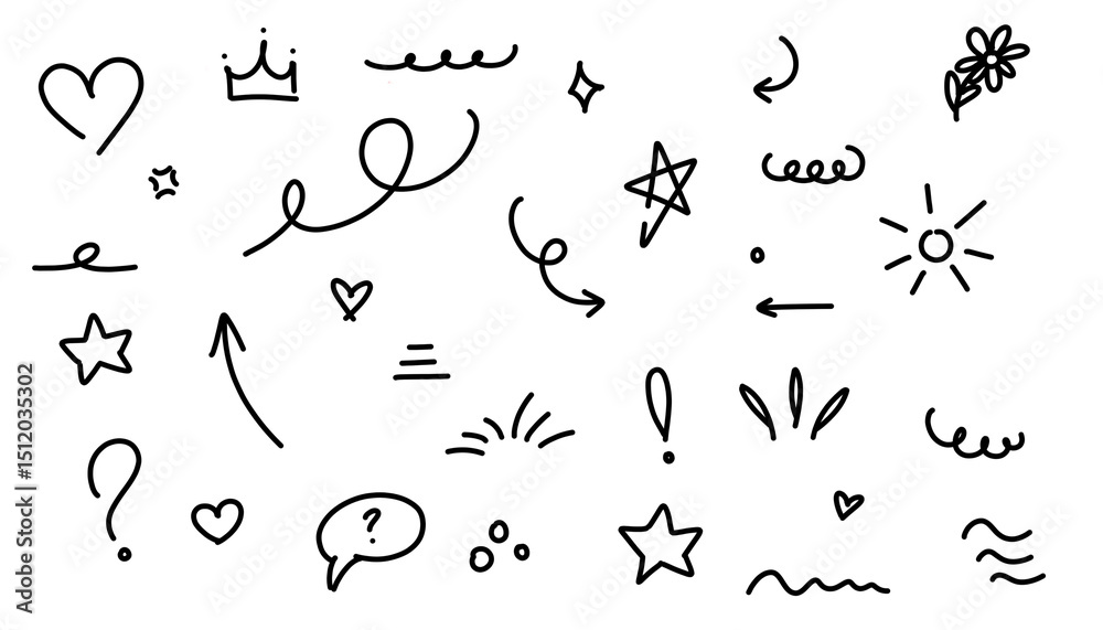 Obraz premium Doodle line set. Hand drawn line bundle heart, crown, star symbol, arrow.