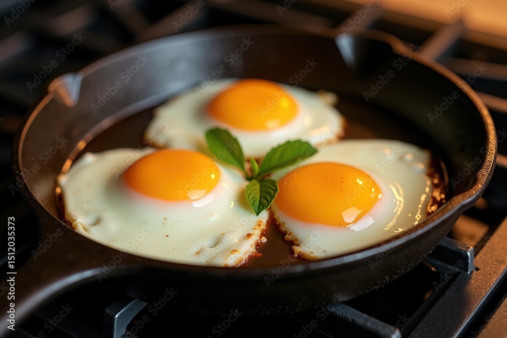 Three sunny-side-up eggs in skillet Three sunny-side-up eggs in skillet