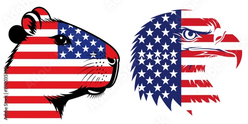 Capybara Bald Eagle. 4th of July Independence Day American Flag Patriotism Usa America Clipart Vector Illustration. Gigantic rodent raptor nature photography fauna.