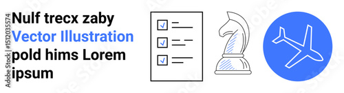 Checklist with tick marks, chess knight, airplane icon in blue circle. Ideal for planning, strategy, travel, aviation, decision-making, productivity and simple landing page