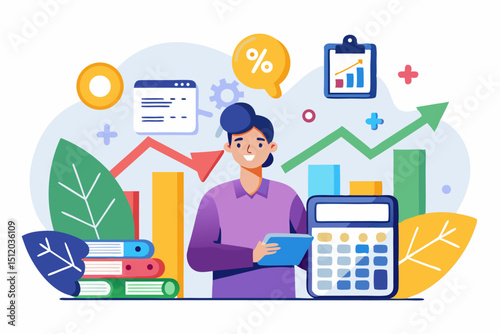 A close-up image of a person using a calculator while holding a credit card, symbolizing financial management, rising interest rates, and digital banking. Futuristic graphics including upward arrows, 