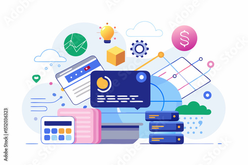 A close-up image of a person using a calculator while holding a credit card, symbolizing financial management, rising interest rates, and digital banking. Futuristic graphics including upward arrows, 