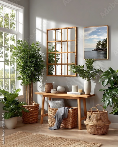 Decorative space with mirror and greenery high resolution picture
