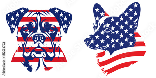Boxer Dog Corgi Dog. 4th of July Independence Day American Flag Patriotism Usa America Clipart Vector Illustration. canine welsh breed puppy pedigree temperament attribute trait.